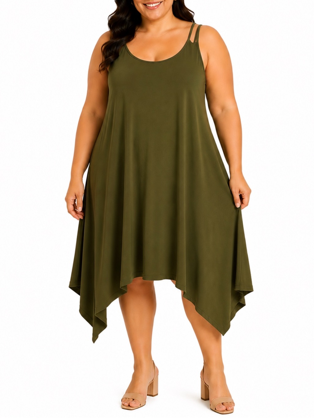 Plus Size army green spaghetti strap stretch knit handkerchief hem dress 5XL